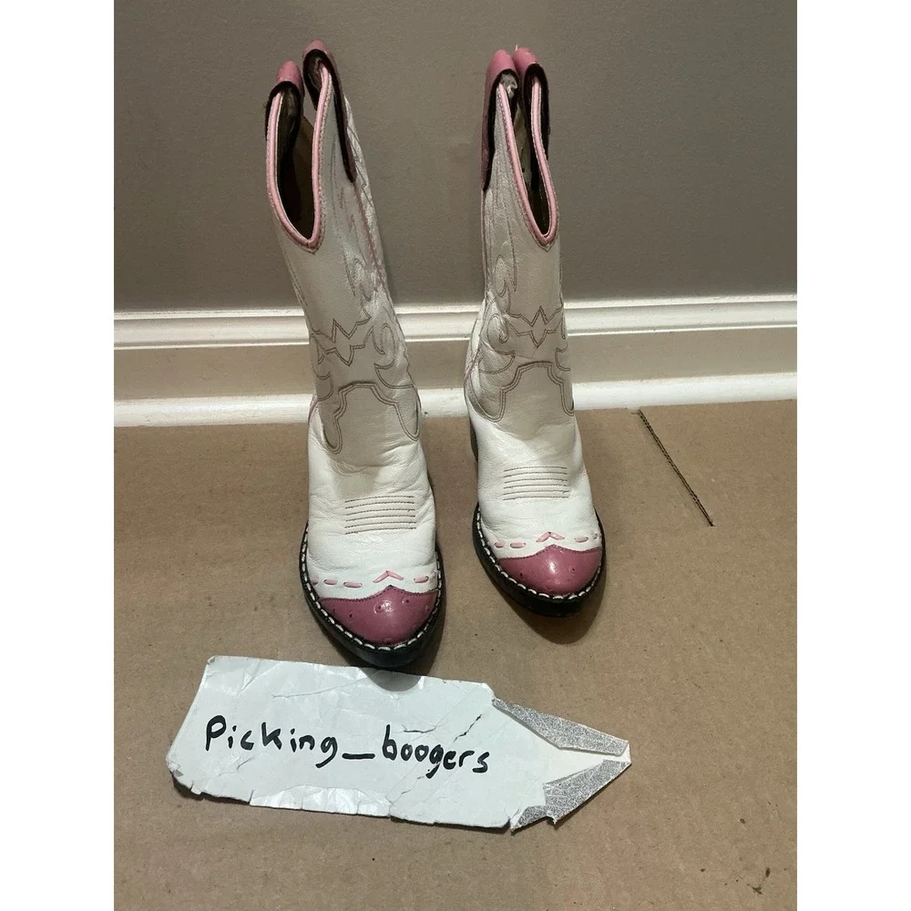 Old West Girls White And Pink All Leather Cowboy Boots 11.5